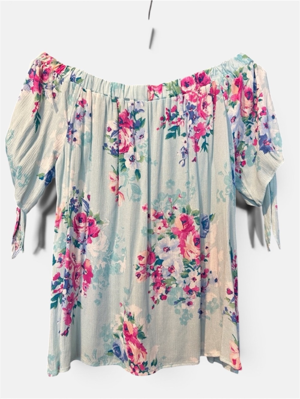 Off-Shoulder Floral Peasant Top - Aqua Pink Floral